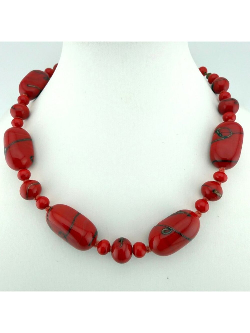 Vintage Japan Red Glass Beaded Necklace Choker 15" Hand Knotted